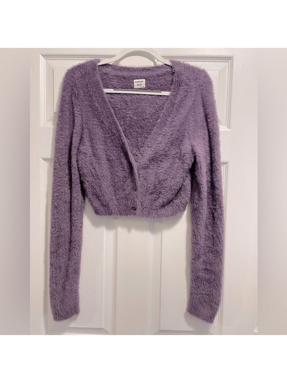 Aritzia Sunday Best Reese Cardigan Fluffy V-Neck Cropped Sweater Purple Size XL